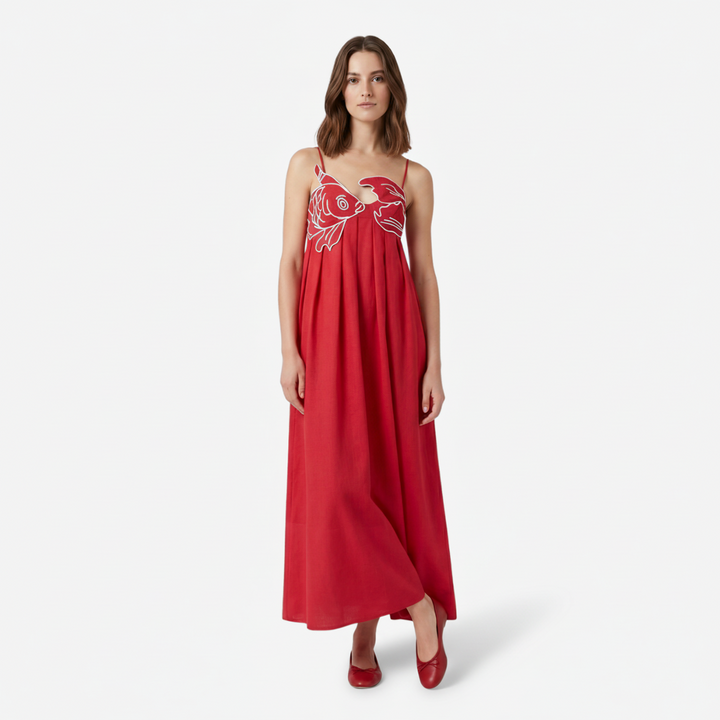VALERIQUE | Femme Robe Maxi Décontractée en Mélange de Coton Rouge et Noir, Imprimé Poisson Blanc, Bretelles Ajustables
