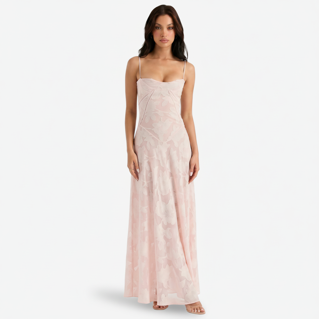 VALERIQUE | Femme Robe Longue Brodée Florale pour - Rose Poudré et Noir