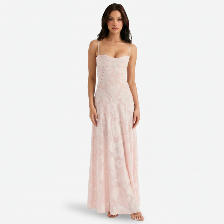 VALERIQUE | Femme Robe Longue Brodée Florale pour - Rose Poudré et Noir