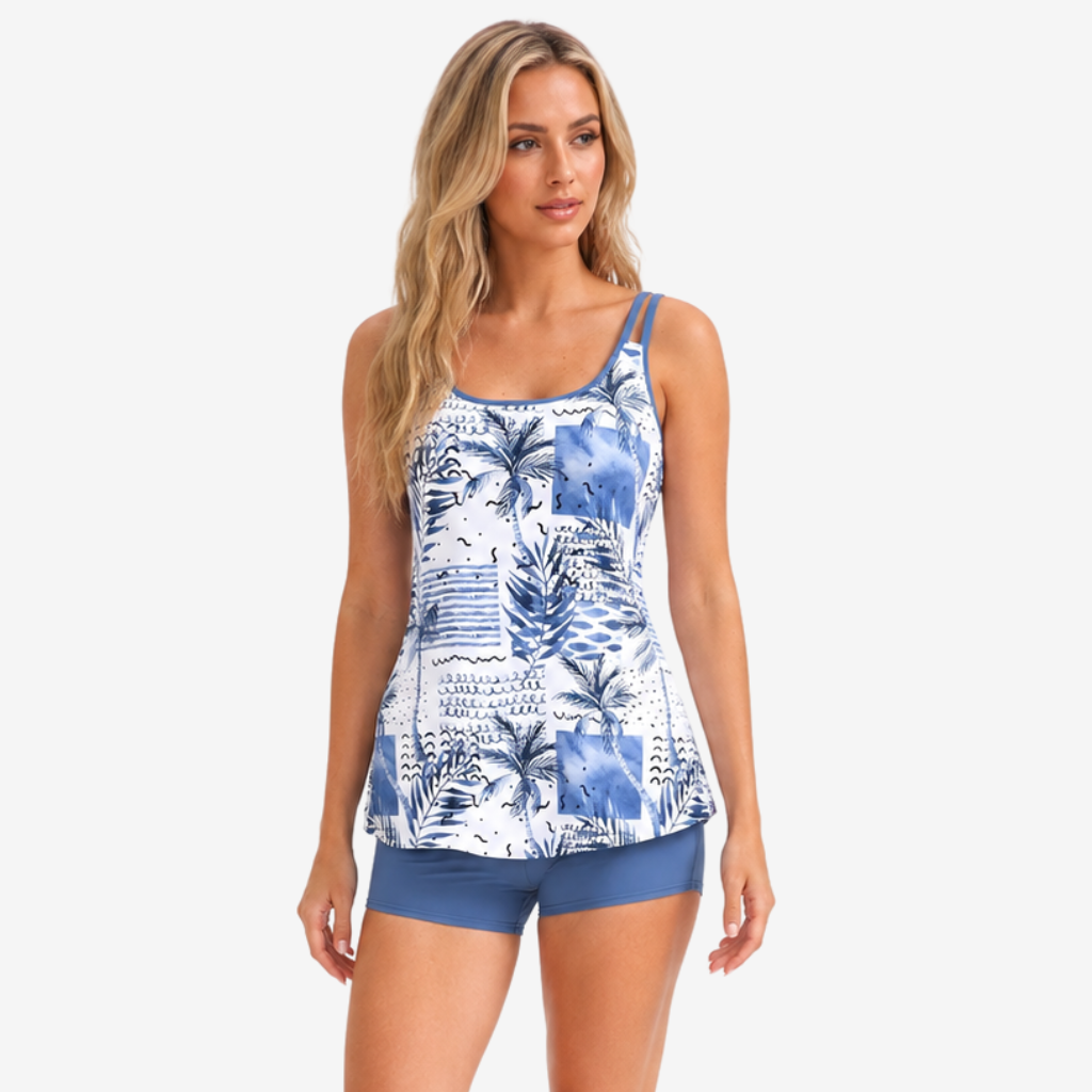 VALERIQUE | Ensemble Tankini Imprimé Femme – Haut Col Rond et Shorty de Bain