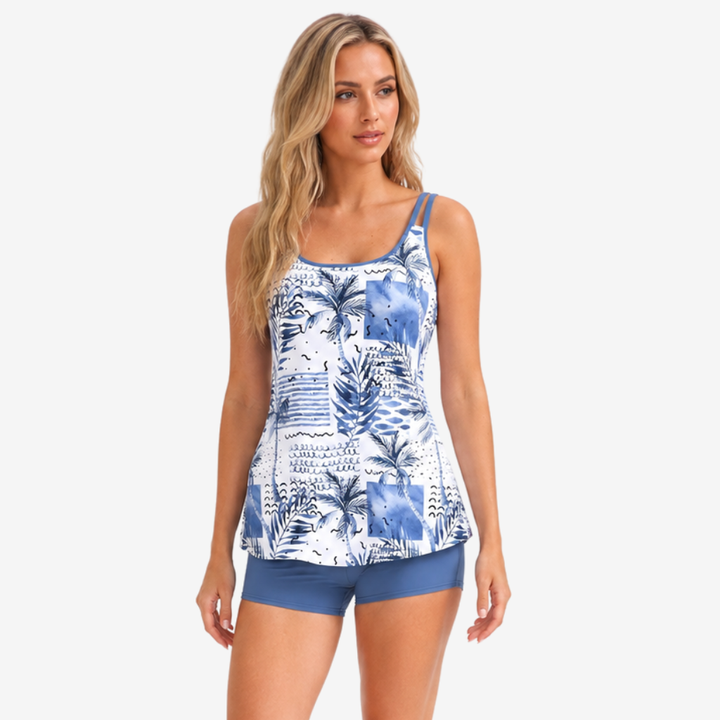 VALERIQUE | Ensemble Tankini Imprimé Femme – Haut Col Rond et Shorty de Bain