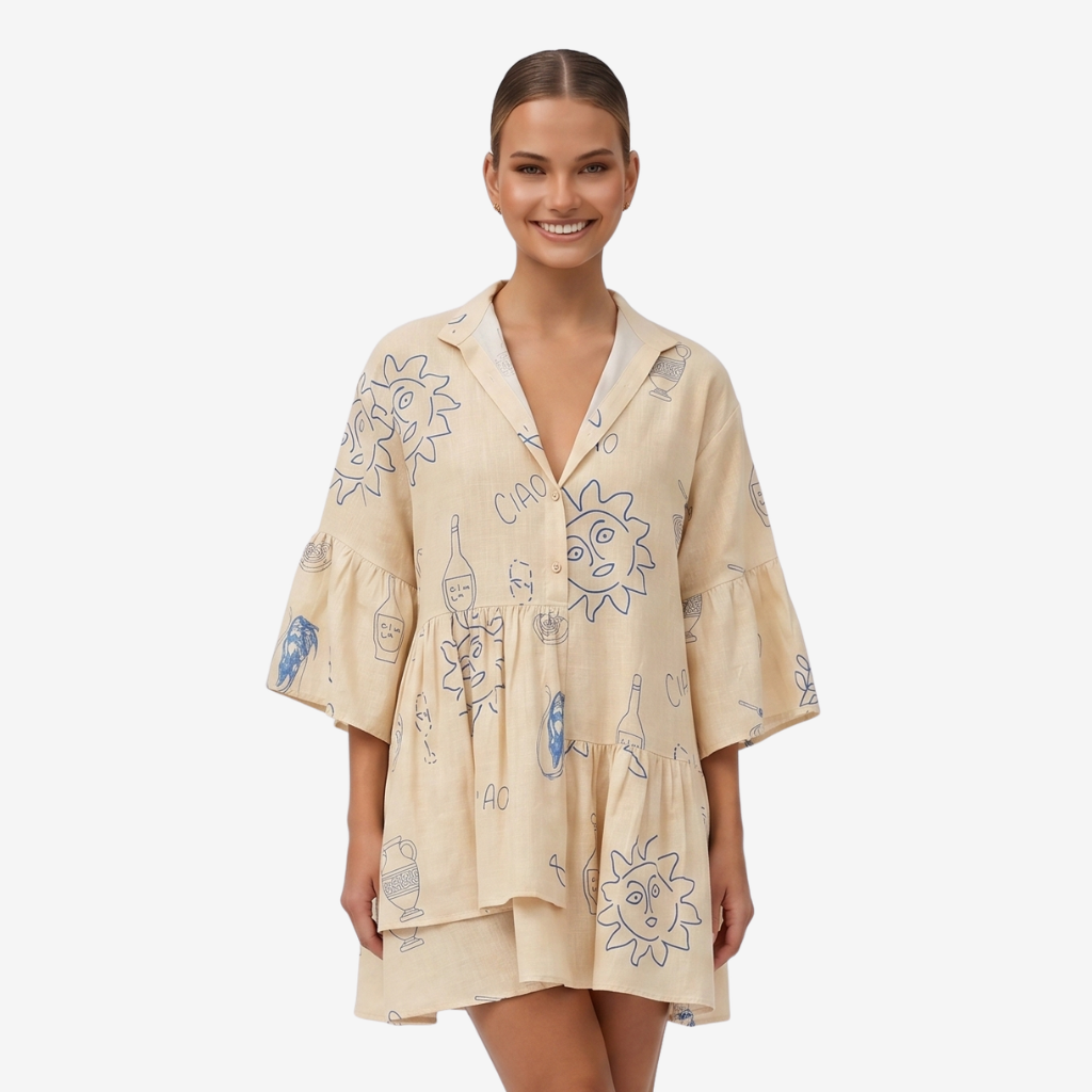 VALERIQUE | Femme Robe Décontractée A-Line en Mélange de Coton Beige, Imprimé, Manches Larges à Volants