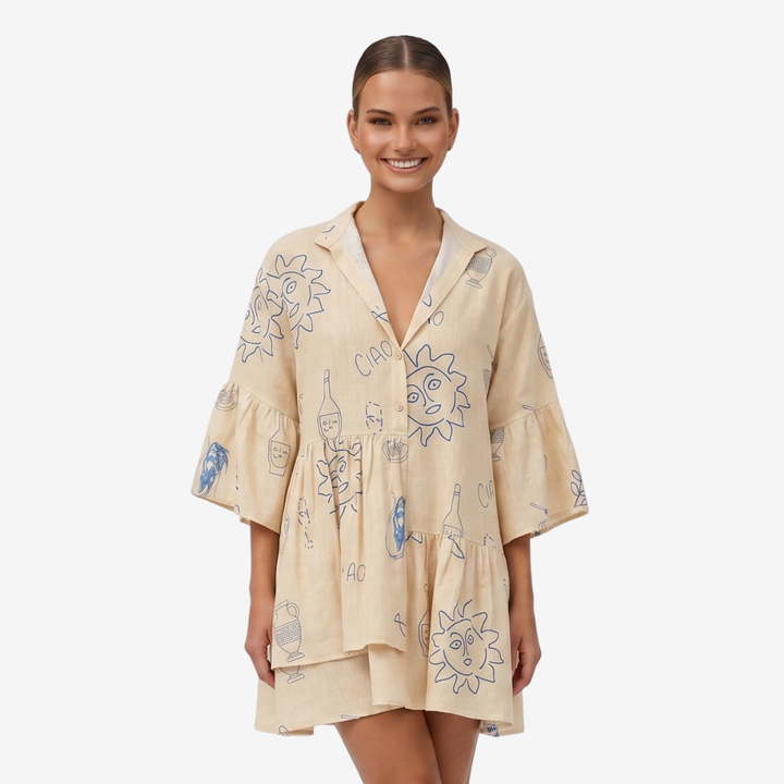 VALERIQUE | Femme Robe Décontractée A-Line en Mélange de Coton Beige, Imprimé, Manches Larges à Volants