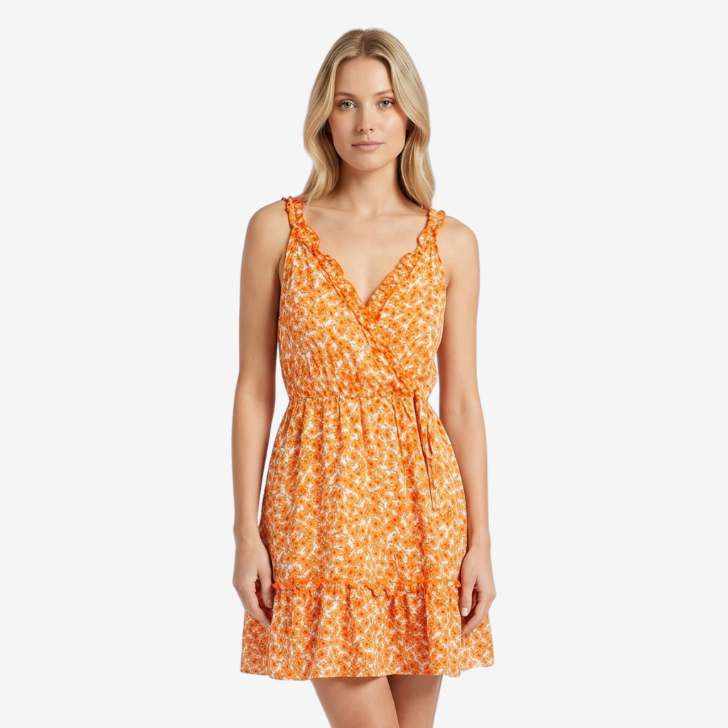 VALERIQUE | Femme Robe Enveloppante Décontractée en Mélange de Coton Orange et Jaune, Bretelles Ajustables, Taille Marquée