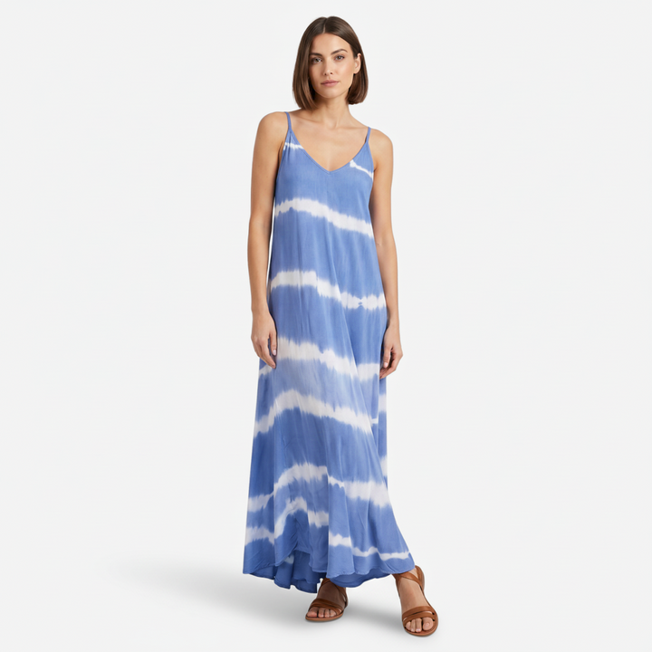 VALERIQUE | Femme Robe Maxi Décontractée Tie-Dye en Mélange de Coton Bleu et Gris, Bretelles Fines, Col en V Profond
