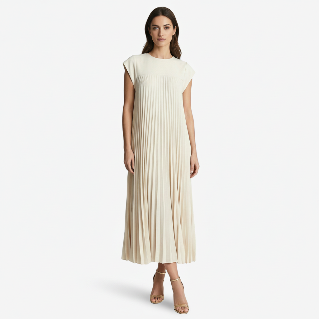 VALERIQUE | Femme Robe midi plissée coupe ample manches courtes style décontracté