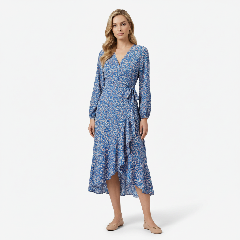 VALERIQUE | Femme Robe Formelle Cache-Cœur en, Manches Longues Bouffantes, Col en V Profond