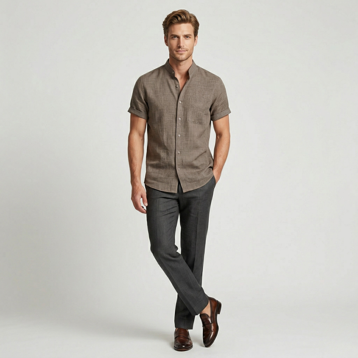 VALERIQUE | Homme chemise en lin à manches courtes avec col officier et fermeture boutonnée pour usage quotidien