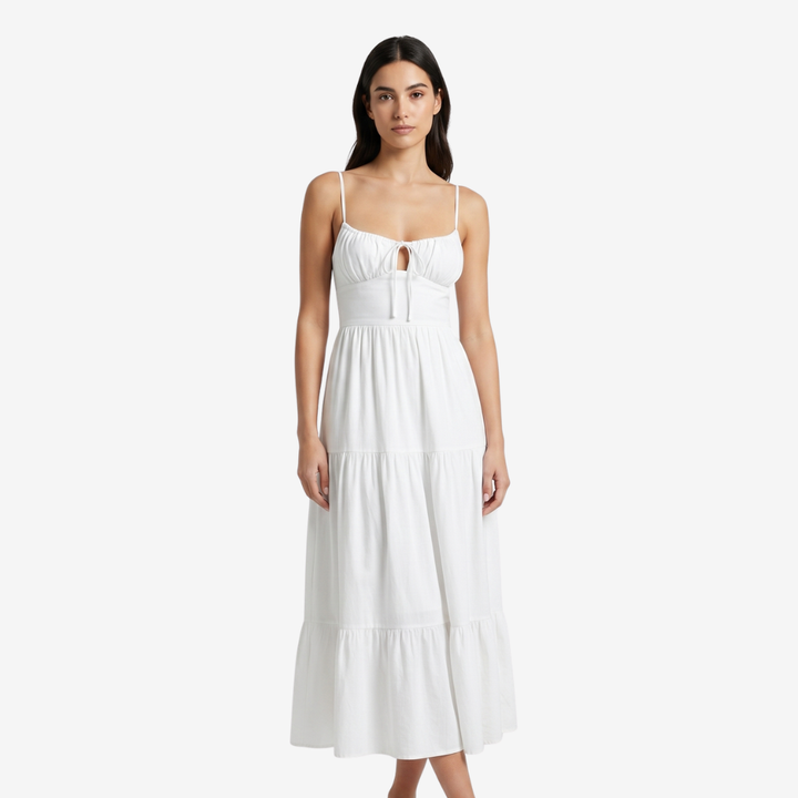 VALERIQUE | Femme Robe Maxi Décontractée en Mélange de Coton Blanc et Noir, Bretelles Fines, Col en V Profond