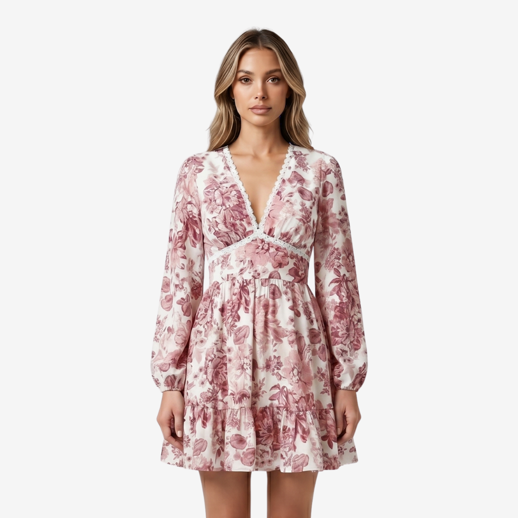 VALERIQUE | Femme Robe Florale Décontractée en Mélange de Coton Rose et Bleu, Manches Longues, Col en V Profond