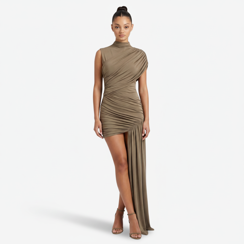 VALERIQUE | Femme Robe Formelle Gaine en Mélange de Coton Beige et Brun, Col Montant, Manches Sans Manches