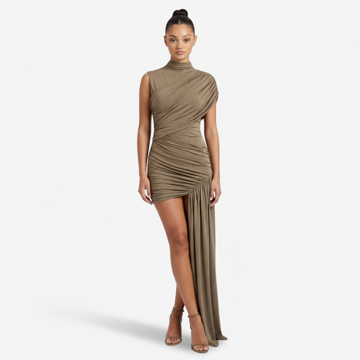 VALERIQUE | Femme Robe Formelle Gaine en Mélange de Coton Beige et Brun, Col Montant, Manches Sans Manches