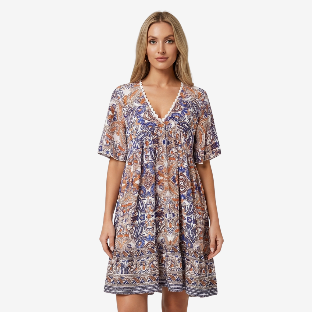 VALERIQUE | Femme Robe Boho Décontractée en Mélange de Coton Bleu et Jaune, Manches Courtes, Col en V Profond