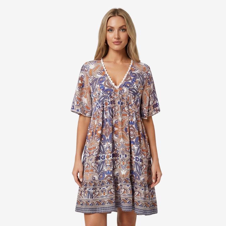 VALERIQUE | Femme Robe Boho Décontractée en Mélange de Coton Bleu et Jaune, Manches Courtes, Col en V Profond