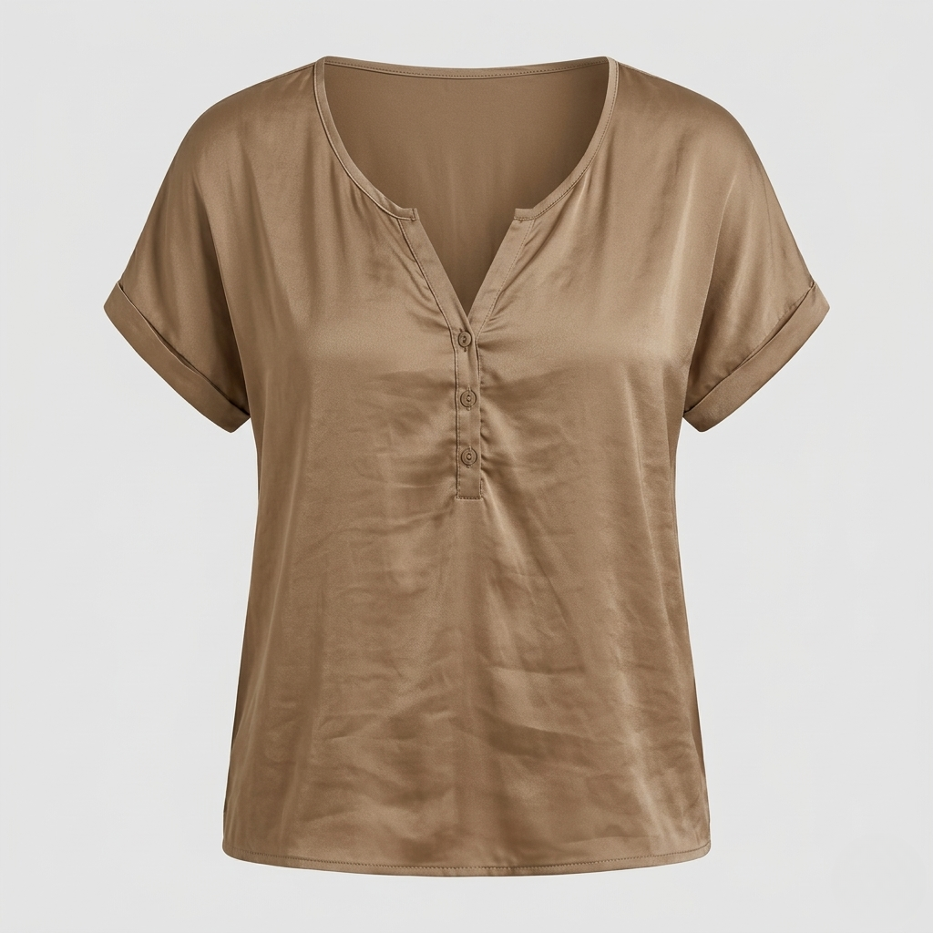 VALERIQUE | Femme blouse satinée à manches courtes avec col ouvert et patte boutonnée pour usage quotidien