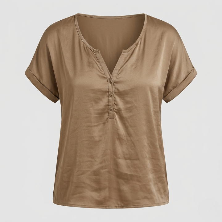 VALERIQUE | Femme blouse satinée à manches courtes avec col ouvert et patte boutonnée pour usage quotidien