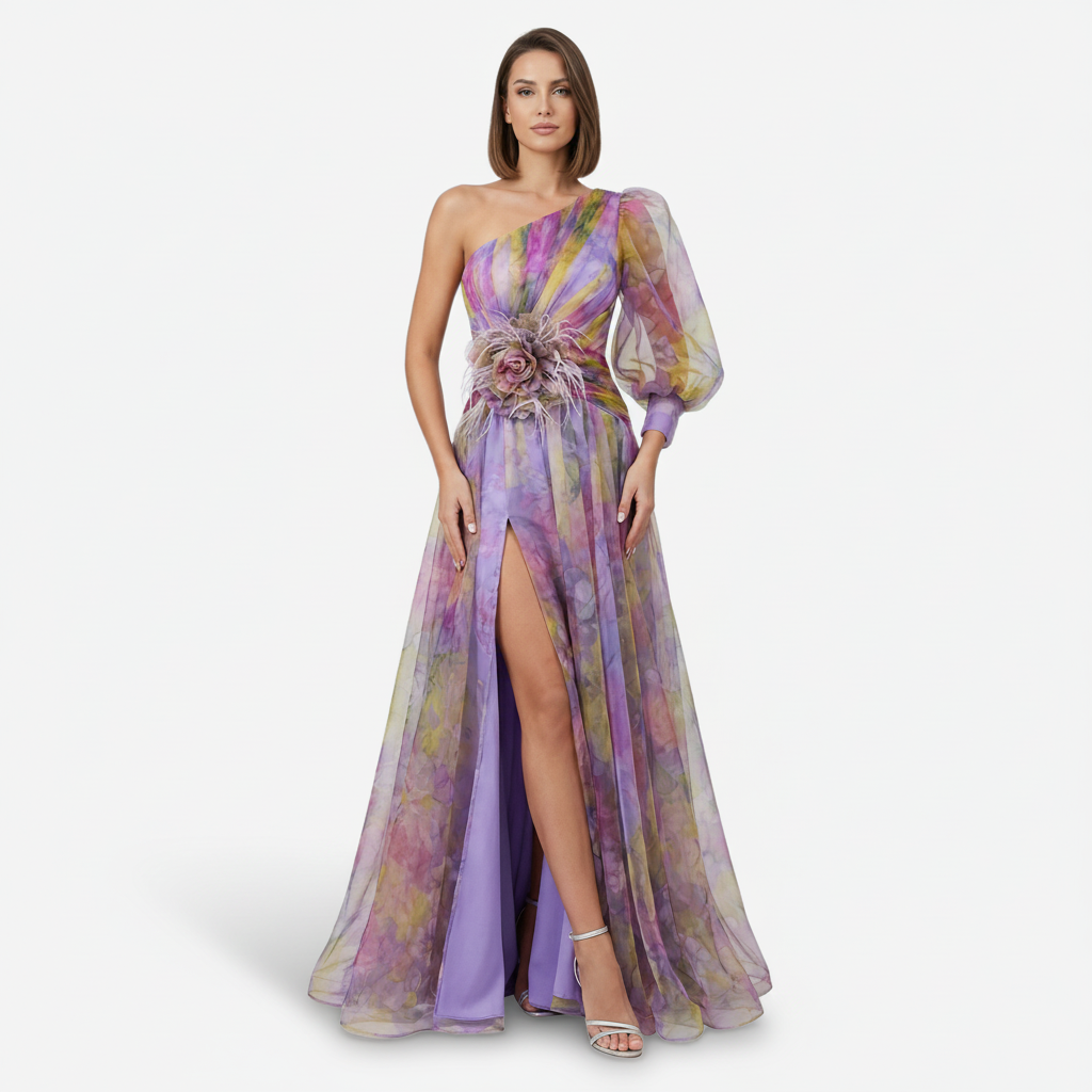 VALERIQUE | Femme Robe longue asymétrique coupe ajustée une manche détail drapé style fluide
