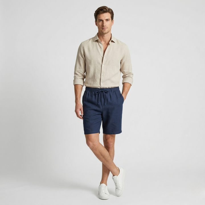 VALERIQUE | Homme short en lin bleu marine à taille élastiquée avec cordon coupe décontractée pour usage quotidien