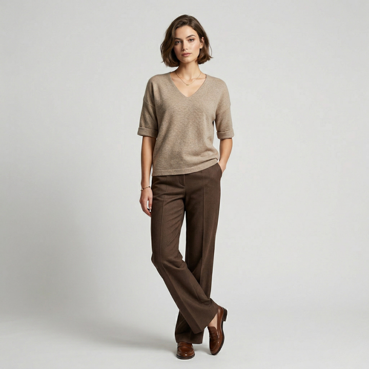 VALERIQUE | Femme pull à col V manches courtes coupe décontractée style minimaliste pour usage quotidien