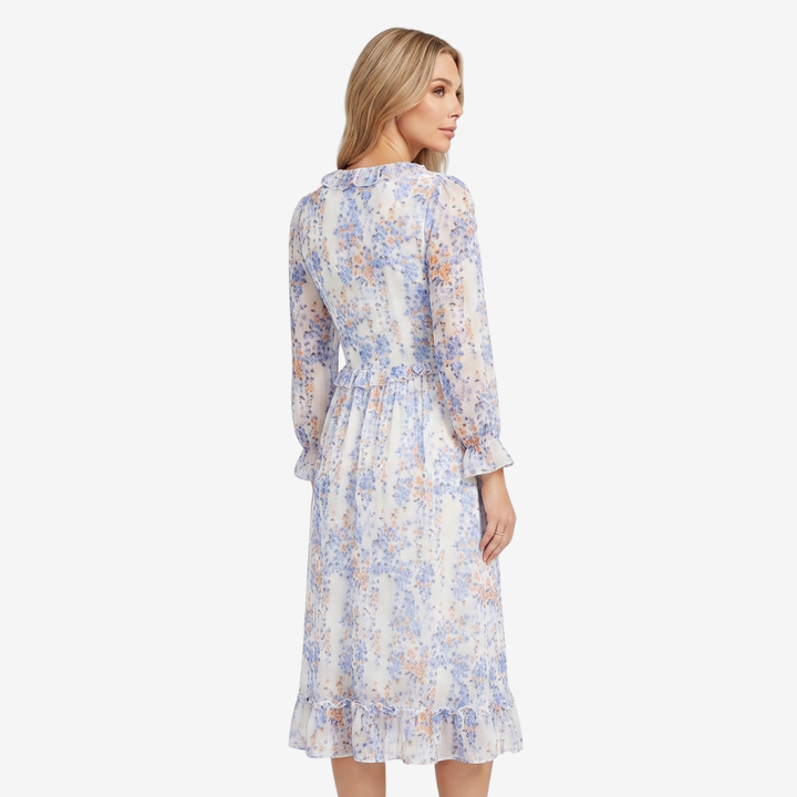 VALERIQUE | Femme Robe Longue Décontractée en Mélange de Coton Bleu et Blanc, Manches Longues, Col en V Profond