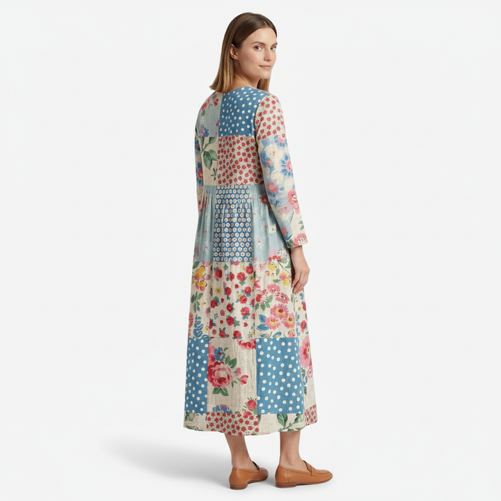 VALERIQUE | Femme Robe A-Line Patchwork Fleurie pour- Bleu Clair