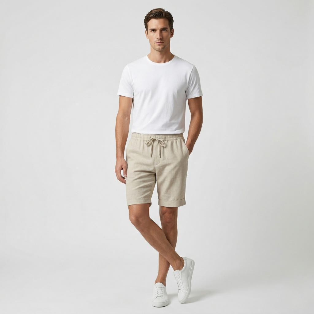 VALERIQUE | Homme short en lin à taille élastique avec cordon de serrage, coupe décontractée confortable