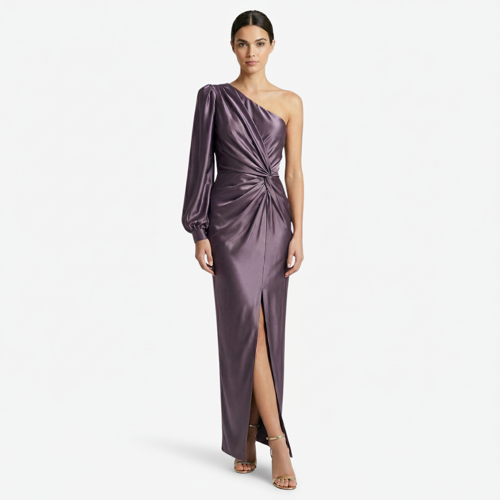 VALERIQUE | Femme Robe longue asymétrique manche longue coupe ajustée détail drapé style fluide
