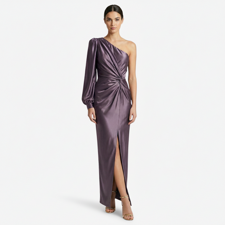 VALERIQUE | Femme Robe longue asymétrique manche longue coupe ajustée détail drapé style fluide