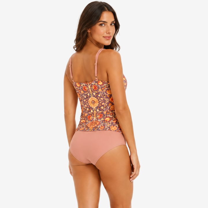 VALERIQUE | Ensemble Tankini Femme Asymétrique – Haut Imprimé Gainant avec Bas Taille Haute