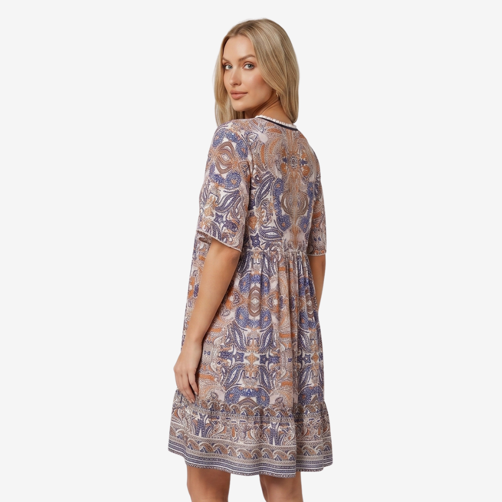 VALERIQUE | Femme Robe Boho Décontractée en Mélange de Coton Bleu et Jaune, Manches Courtes, Col en V Profond