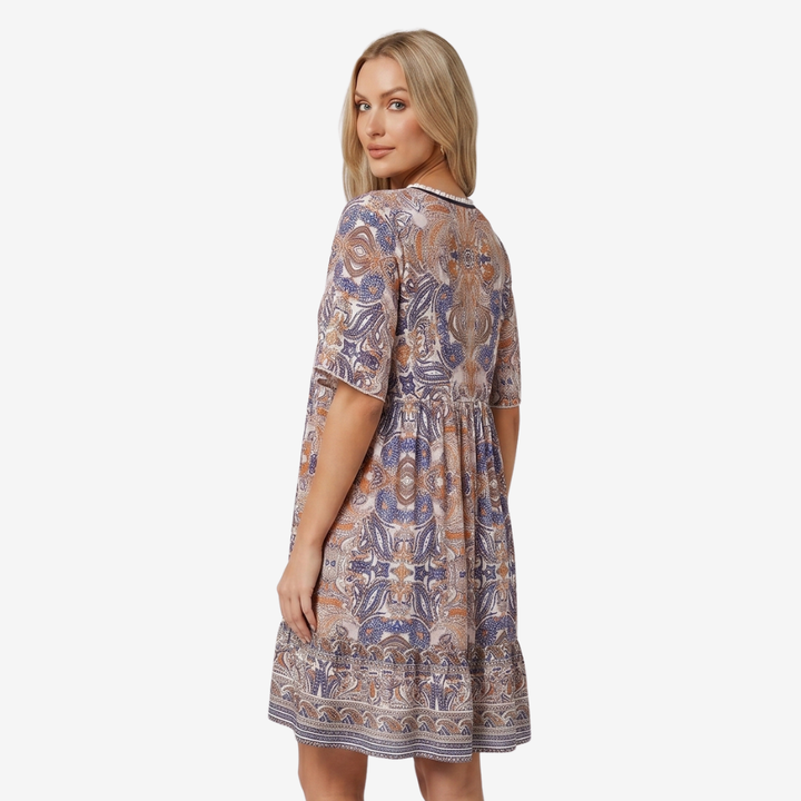 VALERIQUE | Femme Robe Boho Décontractée en Mélange de Coton Bleu et Jaune, Manches Courtes, Col en V Profond