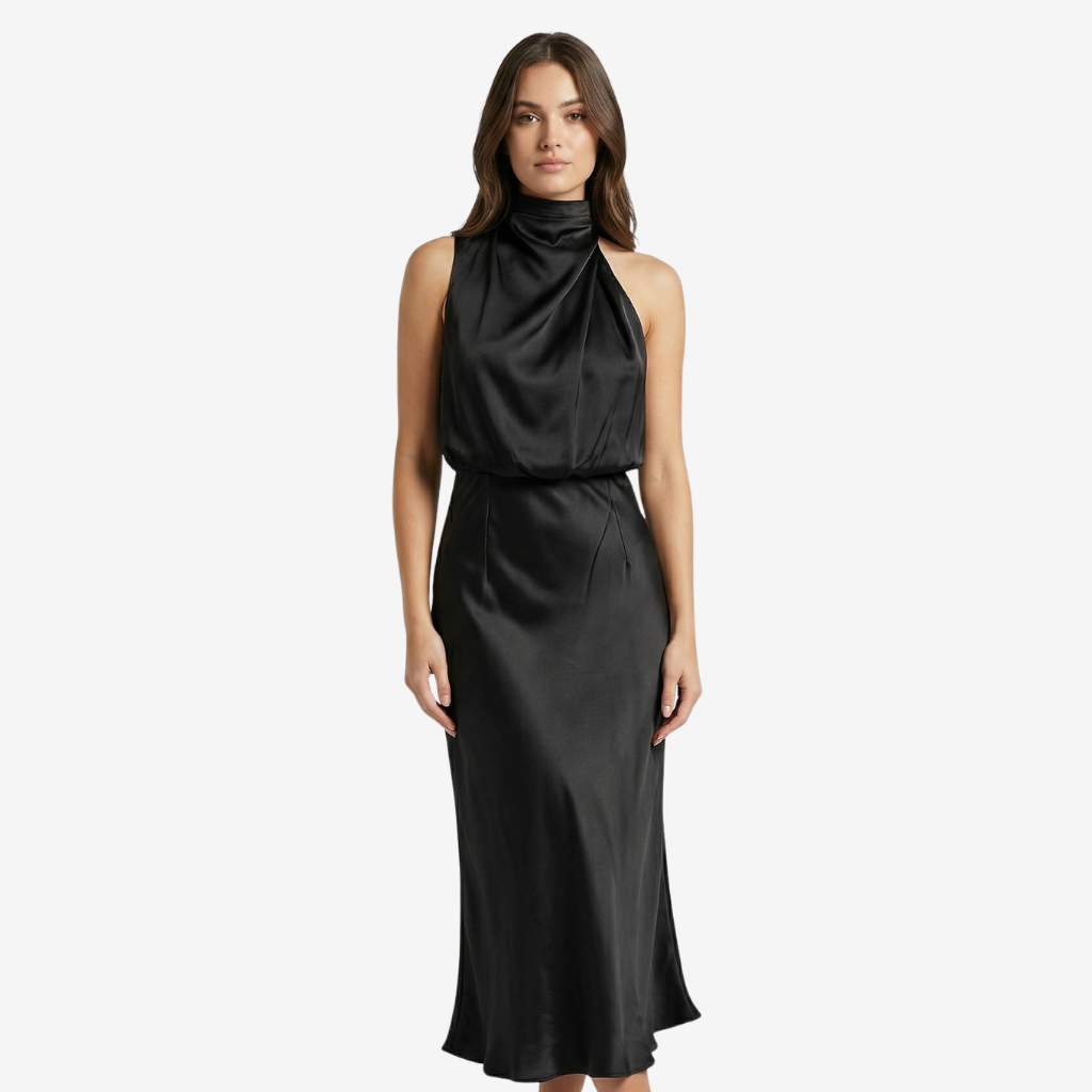 VALERIQUE | Femme Robe midi sans manches coupe ajustée col drapé style fluide