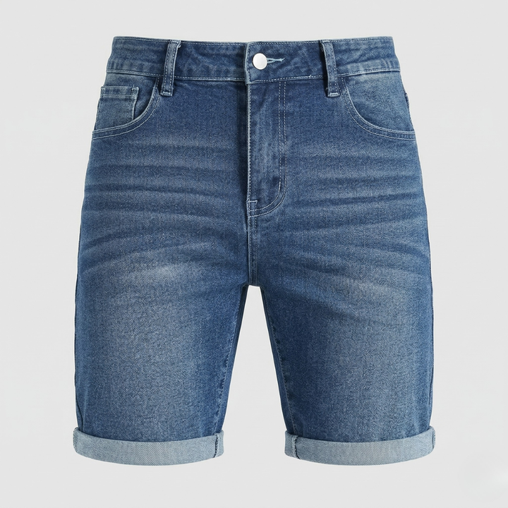 VALERIQUE | Homme short en jean bleu avec ourlets retroussés coupe ajustée pour usage quotidien