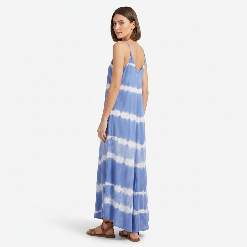 VALERIQUE | Femme Robe Maxi Décontractée Tie-Dye en Mélange de Coton Bleu et Gris, Bretelles Fines, Col en V Profond