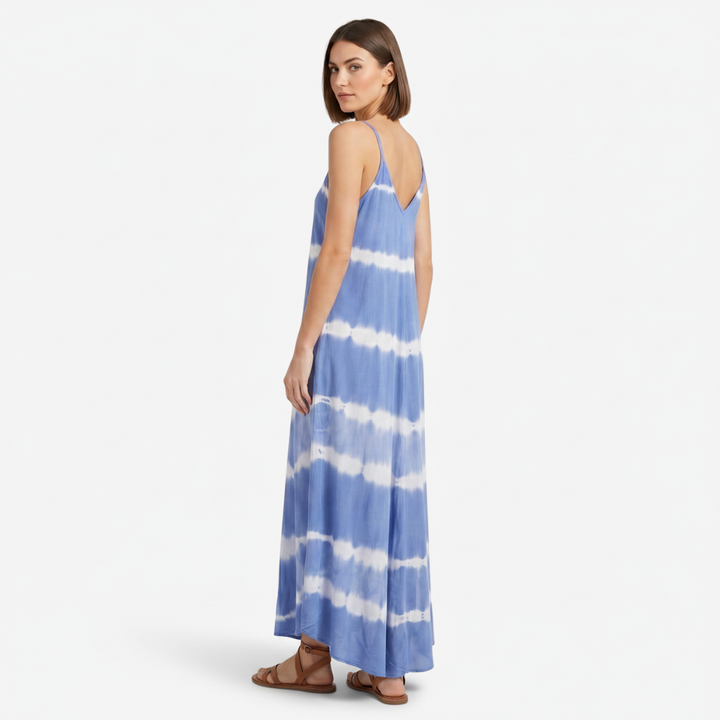 VALERIQUE | Femme Robe Maxi Décontractée Tie-Dye en Mélange de Coton Bleu et Gris, Bretelles Fines, Col en V Profond