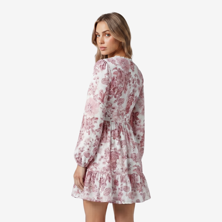 VALERIQUE | Femme Robe Florale Décontractée en Mélange de Coton Rose et Bleu, Manches Longues, Col en V Profond