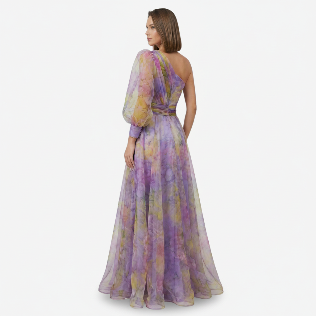 VALERIQUE | Femme Robe longue asymétrique coupe ajustée une manche détail drapé style fluide