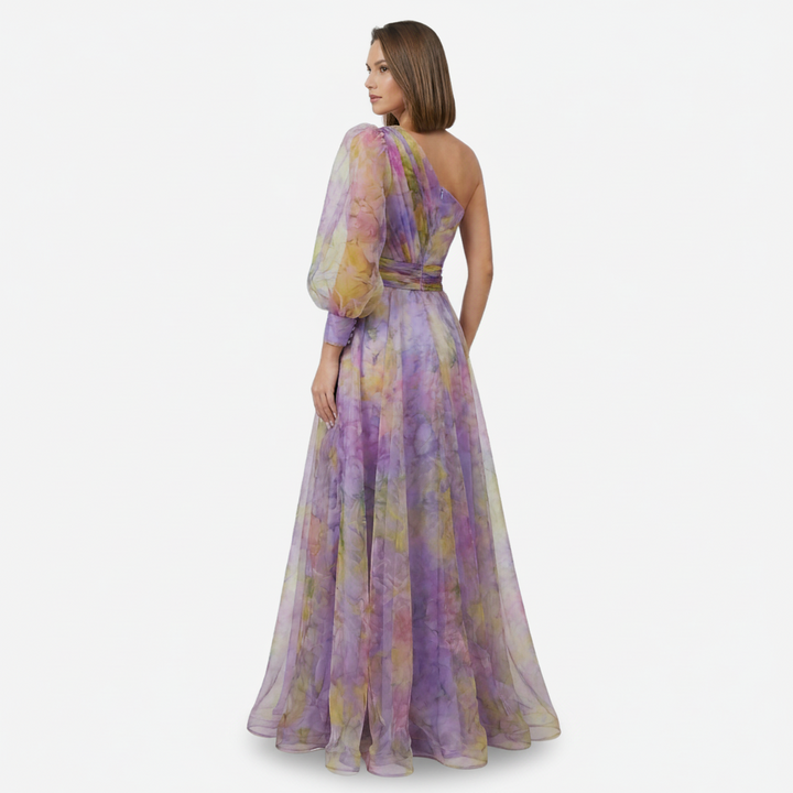 VALERIQUE | Femme Robe longue asymétrique coupe ajustée une manche détail drapé style fluide