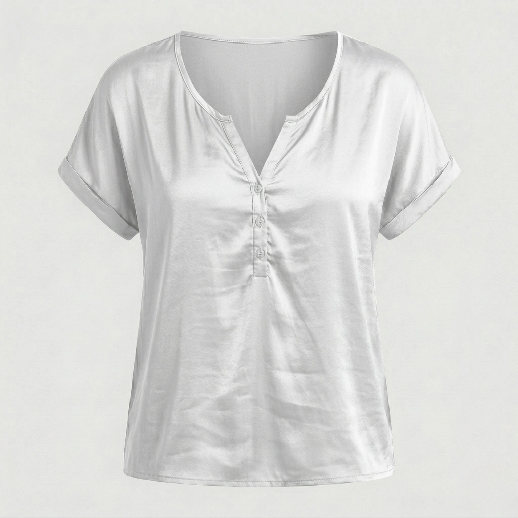 VALERIQUE | Femme blouse satinée à manches courtes avec col ouvert et patte boutonnée pour usage quotidien