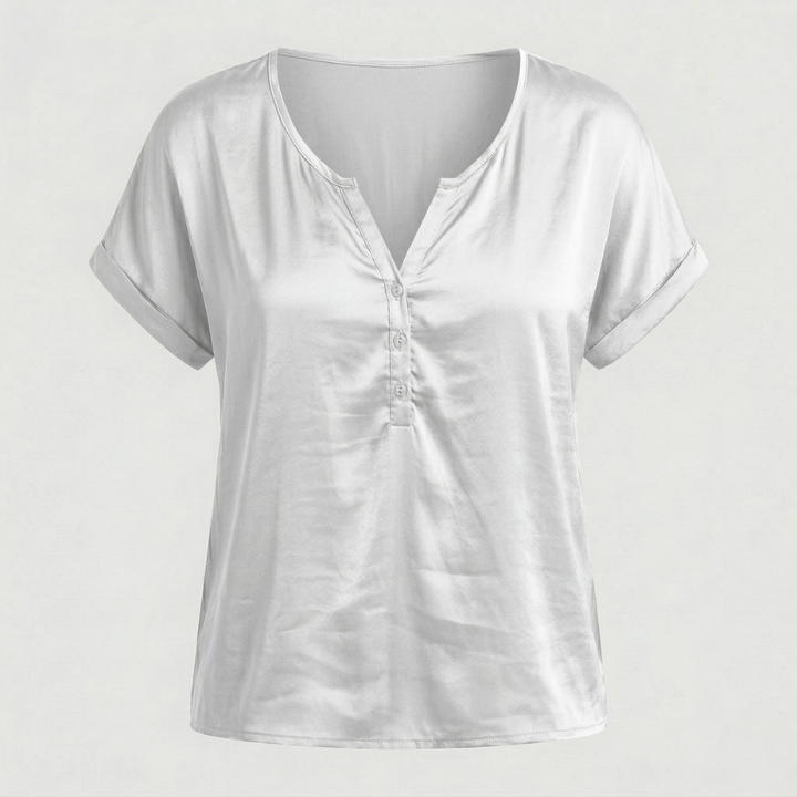 VALERIQUE | Femme blouse satinée à manches courtes avec col ouvert et patte boutonnée pour usage quotidien