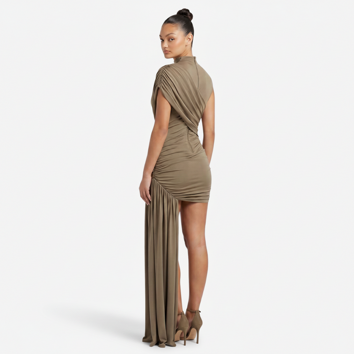 VALERIQUE | Femme Robe Formelle Gaine en Mélange de Coton Beige et Brun, Col Montant, Manches Sans Manches
