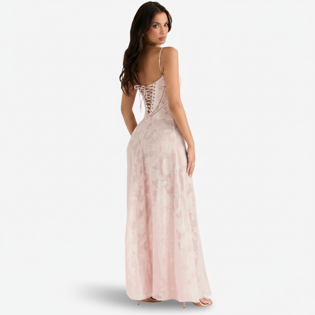 VALERIQUE | Femme Robe Longue Brodée Florale pour - Rose Poudré et Noir