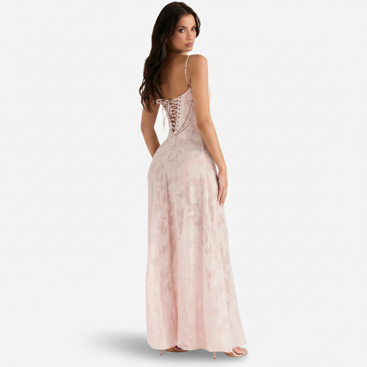 VALERIQUE | Femme Robe Longue Brodée Florale pour - Rose Poudré et Noir