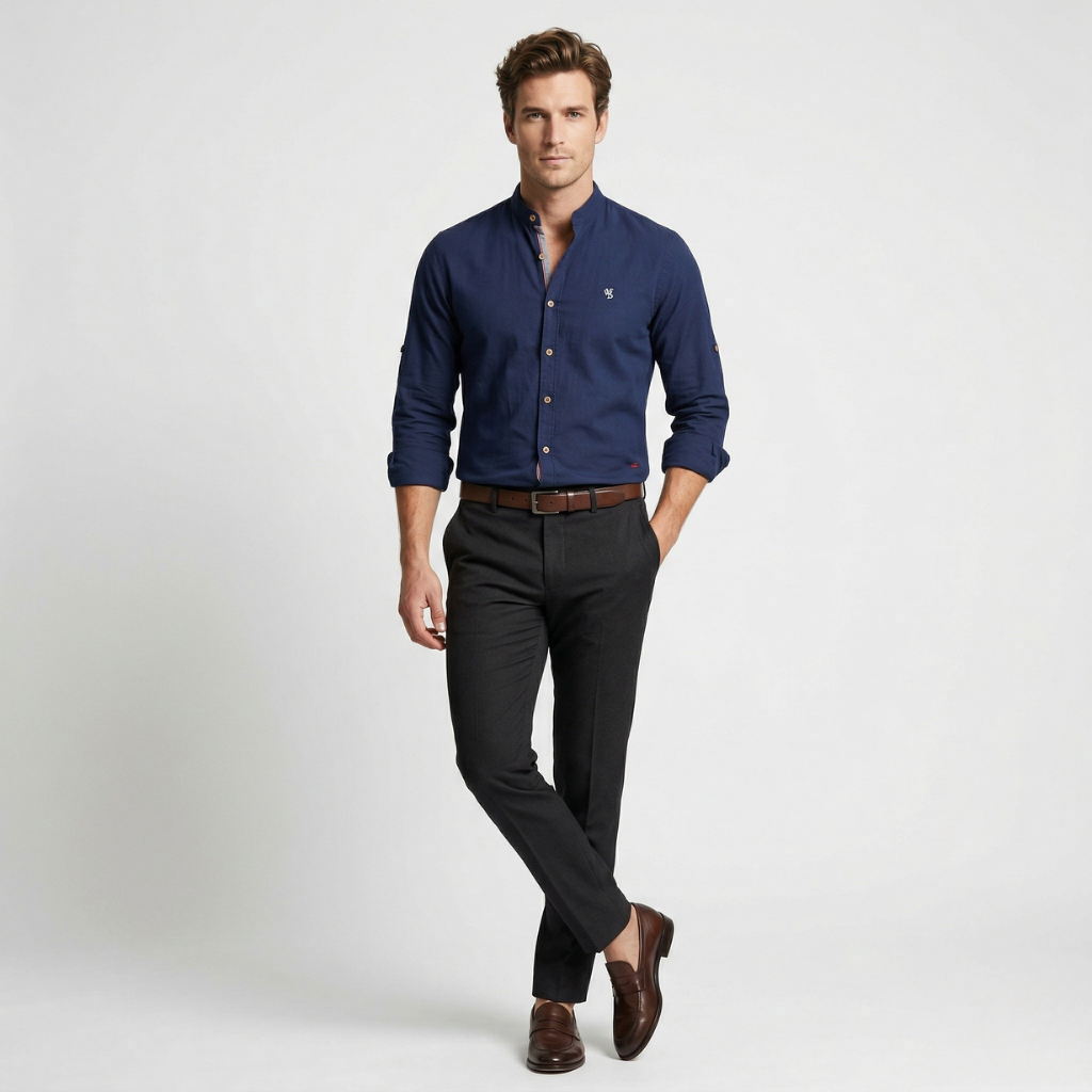VALERIQUE | Homme Chemise en coton coupe ajustée manches longues col officier style décontracté
