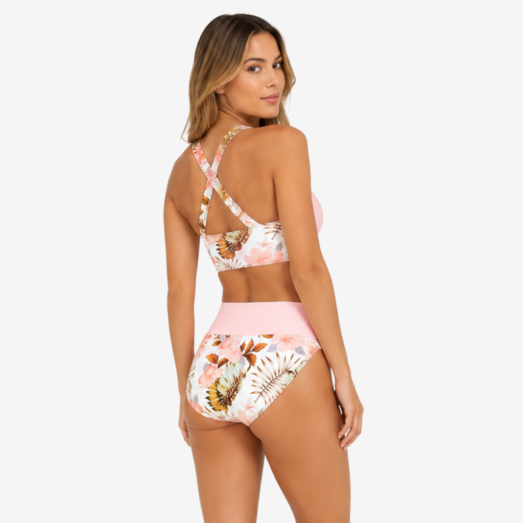 VALERIQUE | Ensemble Bikini Femme Croisé Fleuri – Maillot de Bain Deux Pièces Taille Haute