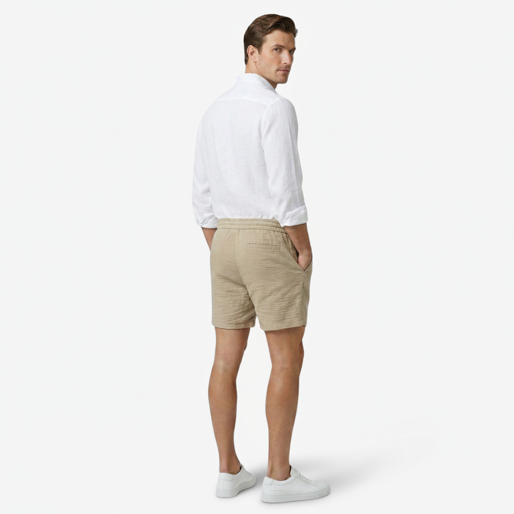 VALERIQUE | Homme Short Décontracté en Mousseline Beige - Taille Élastiquée avec Cordon de Serrage, Poches Latérales