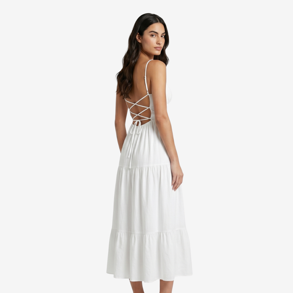 VALERIQUE | Femme Robe Maxi Décontractée en Mélange de Coton Blanc et Noir, Bretelles Fines, Col en V Profond