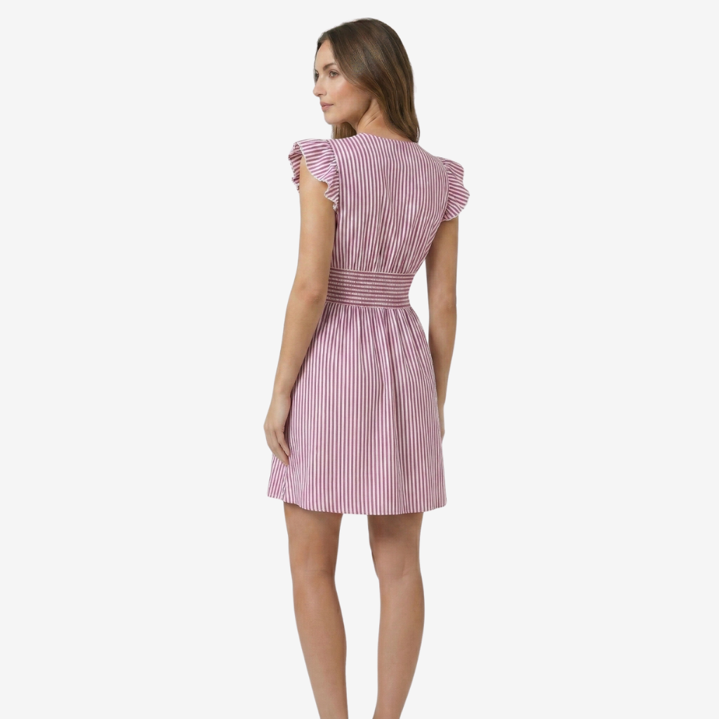 VALERIQUE | Femme Robe Décontractée à Rayures en Mélange de Coton, Col en V Profond, Manches Volantées