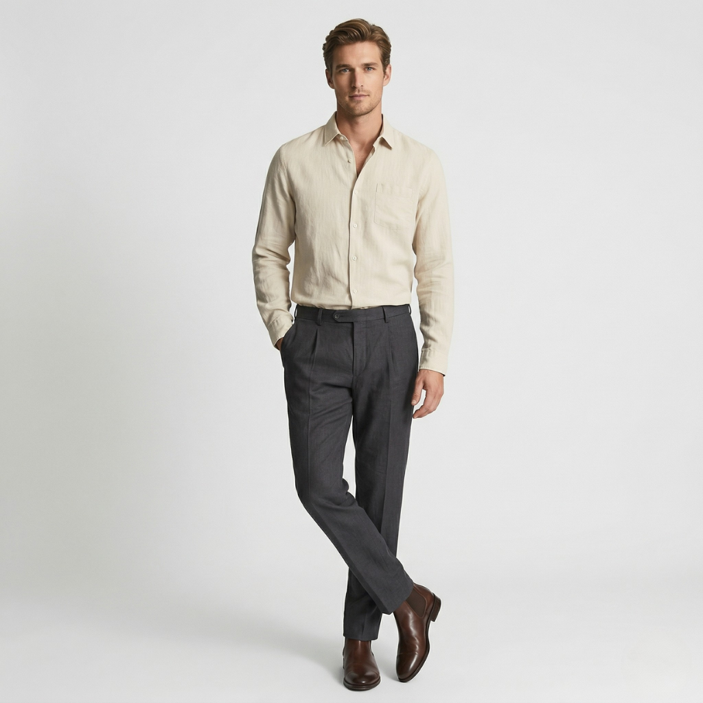 VALERIQUE | Homme chemise en lin à manches longues avec col classique et fermeture boutonnée pour usage quotidien