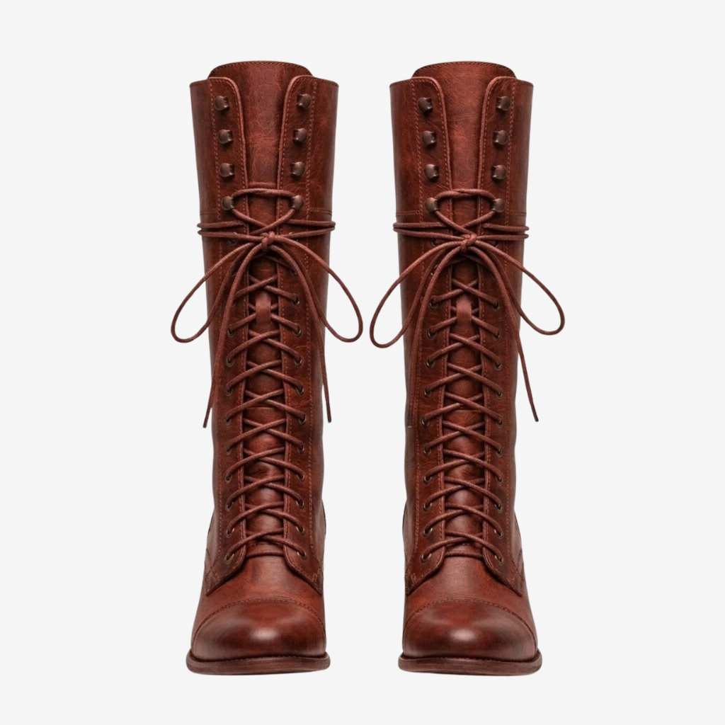 VALERIQUE | Femme bottes hautes café à lacets avec talon bloc et bout rond